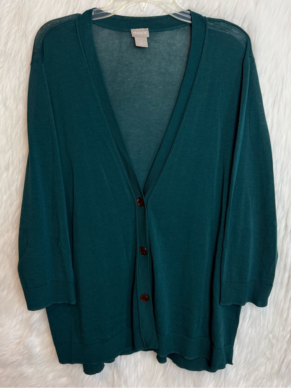 Chicos Emerald Green Button Up Lightweight Cardigan V-Neck 3/4 Sleeves Knit
